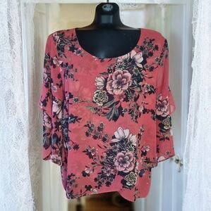 Style & Co. Floral Bell Sleeve Fabric Overlay Flowy Blouse